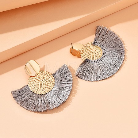 Flat Round with Fan Bohemian Style Iron Tassel Stud Earrings FS-WGA1D99-07-1