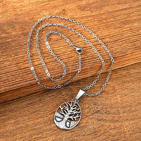 Vintage 304 Stainless Steel Hollow Oval with Tree of Life Pendant Necklaces WG4D9D4-01-1