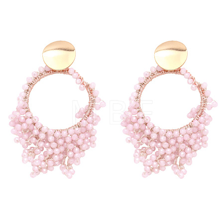 Flat Round Brass Glass Bead Dangle Stud Earrings FS-WG04037-05-1