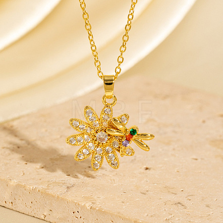 Brass Pave Colorful Cubic Zirconia and Enamel Flower with Dragonfly Pendant Necklaces for Women WGCF164-01-1