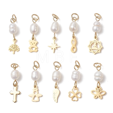 Natural Cultured Freshwater Pearl Rice with 304 Stainless Steel Pendants PALLOY-JF04791-1