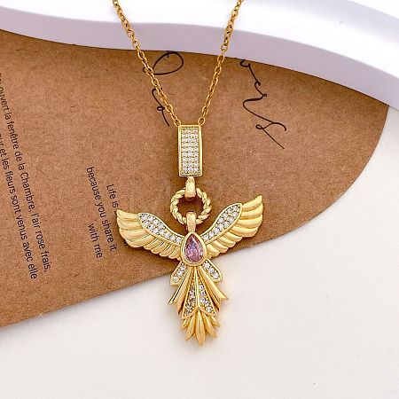 Brass Pave Cubic Zirconia Phenix Pendant Necklaces for Women WGFFBCE-01-1