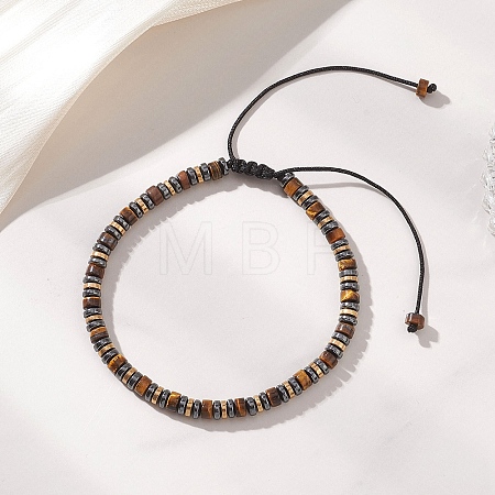 Non-magnetic Synthetic Hematite & Natural Tiger Eye Disc Beads Braided Bead Bracelets for Women Men BJEW-JB13298-1