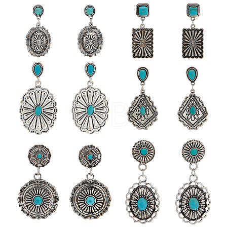 6 Pairs 6 Style Rhombus & Rectangle & Oval Synthetic Turquoise Dangle Stud Earrings EJEW-AN0001-05-1