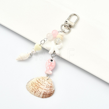 Handmade Porcelain & Natural White Jade & Natural Shell & Glass Pendant Decorations HJEW-YW00516-01-1