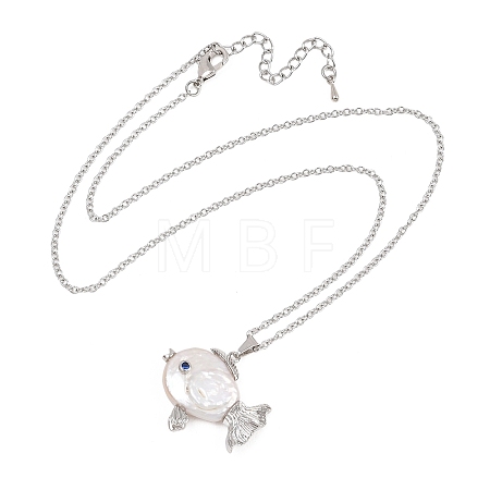 Natural Baroque Keshi Pearl Fish Pendant Brass Chain Necklaces NJEW-XCP0001-10-1