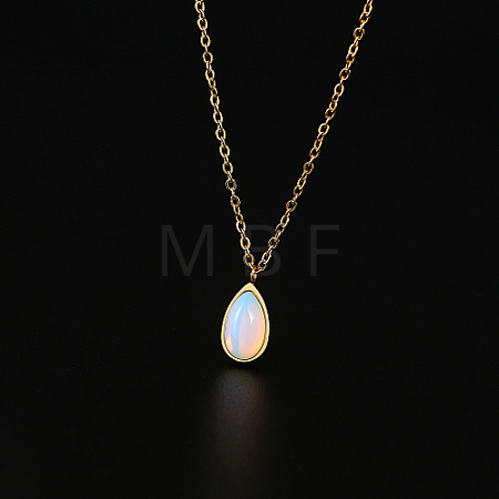 Opalite Teardrop Pendant Necklace with Stainless Steel Chains JD6752-1-1