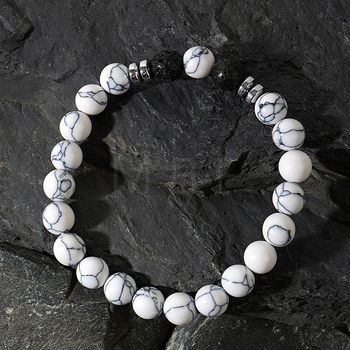 Round Natural Howlite Beaded Stretch Bracelets for Men UV1347-1-1