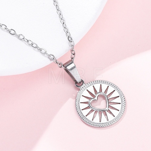 Flat Round with Heart 304 Stainless Steel Pendant Necklaces NJEW-H059-15P-1