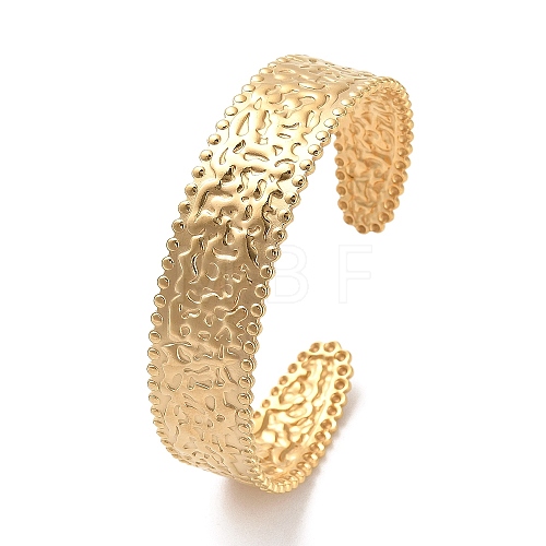 304 Stainless Steel Textured Flat Cuff Bangles BJEW-G694-02G-1