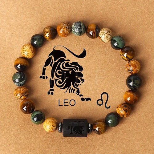 Twelve Constellations Natural Tiger Eye & Picture Jasper & Rhyolite Jasper Round & Column Beaded Stretch Bracelets for Women Men WG6FA5D-07-1