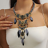 Bohemian Style Alloy Jet Rhinestone and Dyed Feather & Polyester Cloth Teardrop Statement Bib Necklaces for Women FS-WGC08FA-03-1