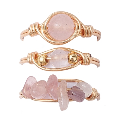 3Pcs 3 Styles Natural Rose Quartz & Amethyst & Green Aventurine Finger Rings RJEW-JR00745-1