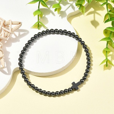 Synthetic Non-magnetic Hematite Round and Religion Cross Beaded Stretch Bracelets for Men BJEW-JB14406-02-1