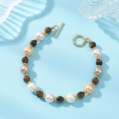 Shell Pearl & Natuarl Tiger Eye Round Beaded Bracelets for Women BJEW-JB12896-1