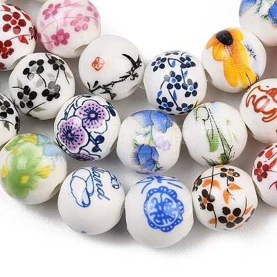 Mixed Styles Floral Printed Porcelain Beads Strands PORC-M004-01M-1