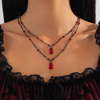 Gothic Brass & Glass Teardrop Pendant Double Layered Necklaces for Women FS-WGECF55-11-1