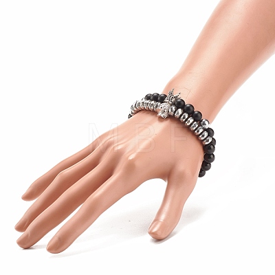 2Pcs 2 Style Synthetic Hematite & Black Stone & Natural Obsidian Stretch Bracelets Set with Cubic Zirconia Skull BJEW-JB08120-02-1