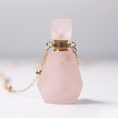 Natural Rose Quartz Perfume Bottle Pendant Necklace with Brass Chains BOTT-PW0001-057B-01-1