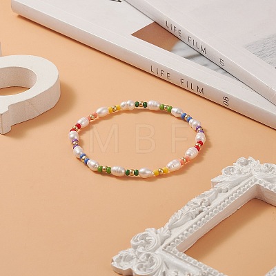 Colorful Seed & Natural Pearl Beaded Stretch Bracelet for Women BJEW-JB09217-1