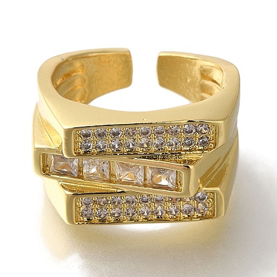 Rack Plating Rectangle Brass Clear Cubic Zirconia Open Cuff Rings RJEW-S411-21G-1