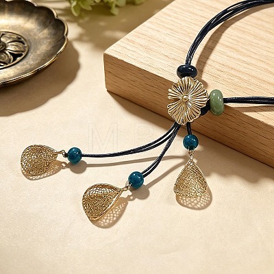 Alloy Leaf and Resin Y Pendant Polyester Cord Multi-Strand Necklaces for Women WG03ADA-01-1