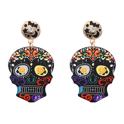 Halloween Printed Acrylic Skull Pendant Dangle Earrings for Women WG1141F-02-1