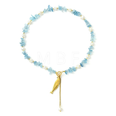 304 Stainless Steel Fish Pendant Natural Aquamarine Chip and Pearl Beaded Necklaces for Women NJEW-JN06299-02-1