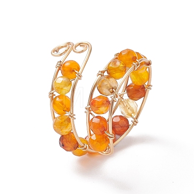 Dyed Natural Agate Round Beaded Open Cuff Ring RJEW-JR00561-1