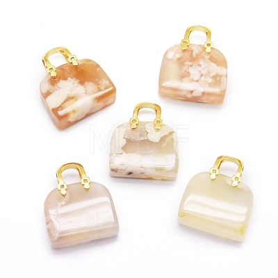 Natural Cherry Blossom Agate Brass Pendants KK-E274-01G-03-1