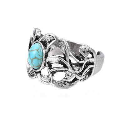 Gothic Punk Skull Alloy Open Cuff Ring with Oval Synthetic Turquoise for Men Women RJEW-T009-53-1