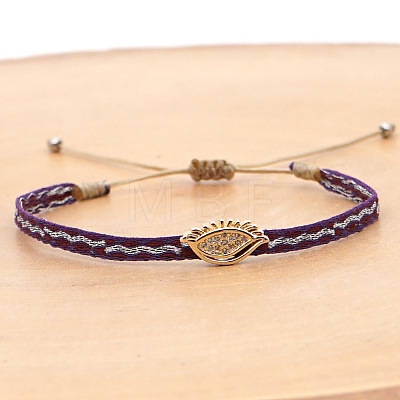 Vintage Bohemian Cotton Cord Braided Bracelets with Brass Micro Pave Clear Cubic Zirconia Eye Beads HL6263-23-1