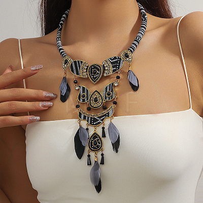 Bohemian Style Alloy Jet Rhinestone and Dyed Feather & Polyester Cloth Teardrop Statement Bib Necklaces for Women FS-WGC08FA-03-1