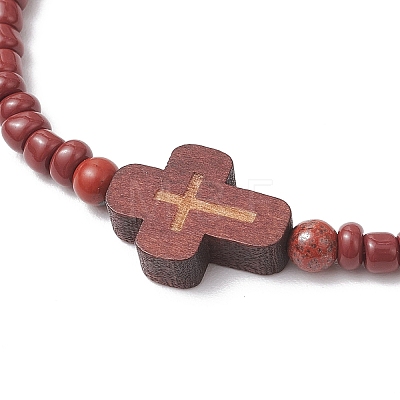 4Pcs Cross Glass Seed Beads with Natural Wood Beads & Red Jasper Beads & Magnesite Beads & Howlite Round Beads Braided Bead Bracelets for Women BJEW-JB11898-1