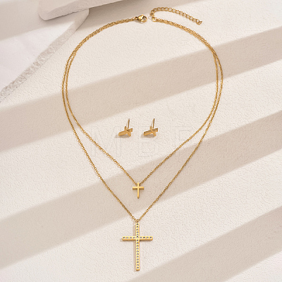 201 Stainless Steel Rhinestones Double-layer Cross Pendant Necklace & Stud Earrings Set for Women LY3624-1