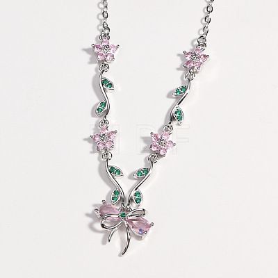 Brass Pave Cubic Zirconia Flower Bowknot Pendant Necklaces for Women WGA7CA3-06-1