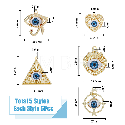 30Pcs 5 Styles Rack Plating Alloy Enamel Evil Eye Pendants FIND-DC0002-43-1