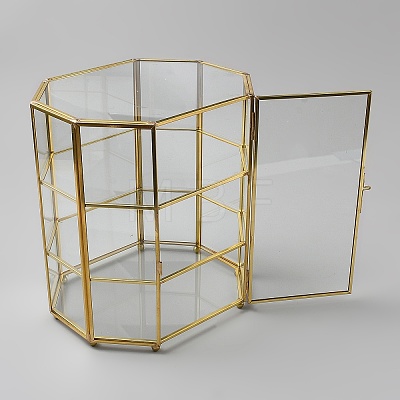 3-Tier Hexagon Glass Jewelry Organizer Display Cases with Iron Frame ODIS-WH0025-335B-1