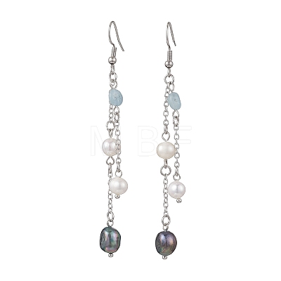 Oval Natural Aquamarine & Natural Cultured Freshwater Pearl Dangle Earrings EJEW-JE06876-1