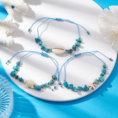 3Pcs 3 Styles Synthetic Turquoise & Natural Magnesite Braided Starfish & Tortoise & Shell Shape Beaded Bracelets for Women BJEW-JB10200-1