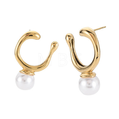 304 Stainless Steel U-shape Stud Earrings with ABS Platic Pearl for Women EJEW-N016-017LG-1