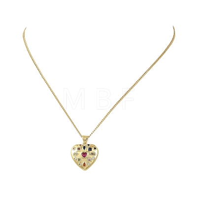 Brass Pave Pink Cubic Zirconia Heart Pendant Brass Curb Chain Necklace for Women NJEW-JN06484-01-1