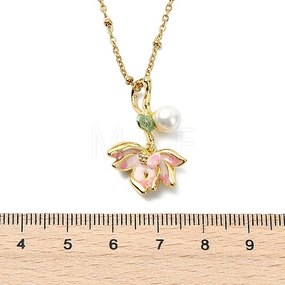 Brass Enamel & Shell Pearl Pink Lotus Flower Pendant 304 Stainless Steel Satellite Chain Necklaces for Women NJEW-JN06112-1