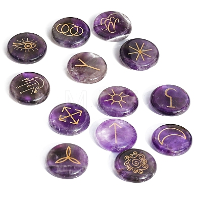 13Pcs 13 Styles Flat Round Natural Amethyst Rune Stones PW-WG15937-01-1