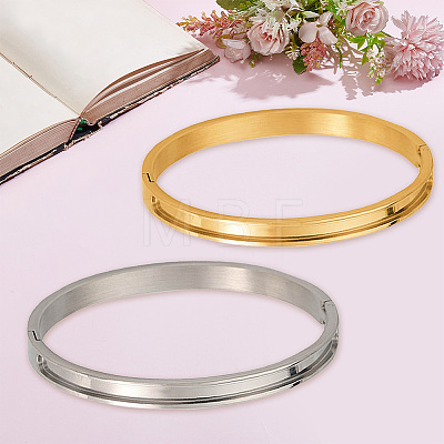 2Pcs 2 Colors 6MM Egg Shaped 201 Stainless Steel Grooved Hinged Bangles STAS-SC0021-30-1