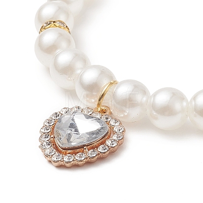Acrylic Pearl Round Beaded Stretch Bracelet with Alloy Rhinestone Heart Charms for Women BJEW-JB09232-1