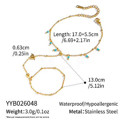 Synthetic Turquoise Round Tassel 304 Stainless Steel Heart Hand Chain Ring Bracelets for Women NM6951-1