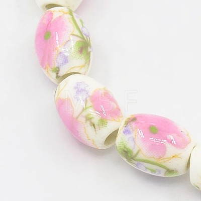 Handmade Flower Printed Porcelain Barrel Beads Strands PORC-L005-A-M-1
