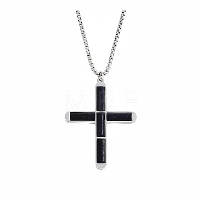 304 Stainless Steel with Dyed Natural Black Quartz Religion Cross Pendant Necklaces FS-WG3F108-14-1