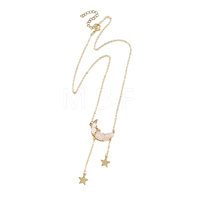 Natural Rose Quartz Chip Beads Moon Pendant Brass Cable Chain Necklaces for Women NJEW-TA00257-03-1